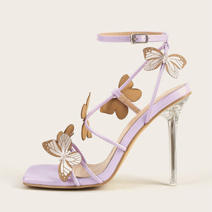 Women butterfly strappy clear heel peep toe ankle strap purple heels