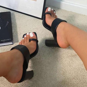 Women square toe ring toe high heel strap slide chunky heels