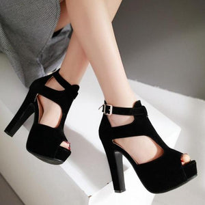 Women platform peep toe hollow ankle strap chunky high heels