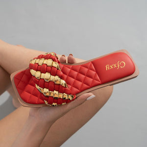 Women square peep toe gold woven strap summer slide sandals
