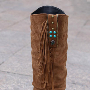 Women knee high chunky heel zipper fringe boots
