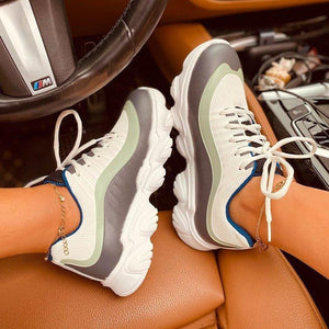 Women tennis shoes lace up round toe wedge platform sneakers