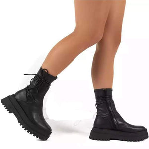 Women lace up motorcycle zipper chunky platform boots