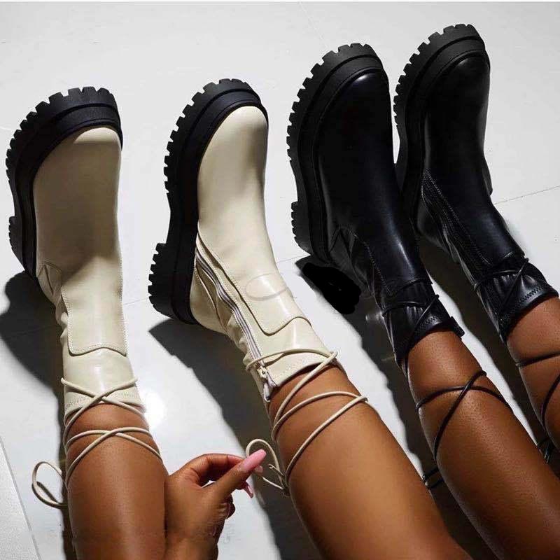 Women lace up motorcycle zipper chunky platform boots