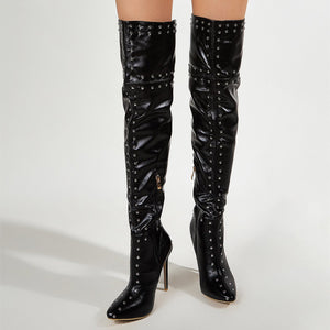 Women over the knee pointed toe stiletto studded black boots