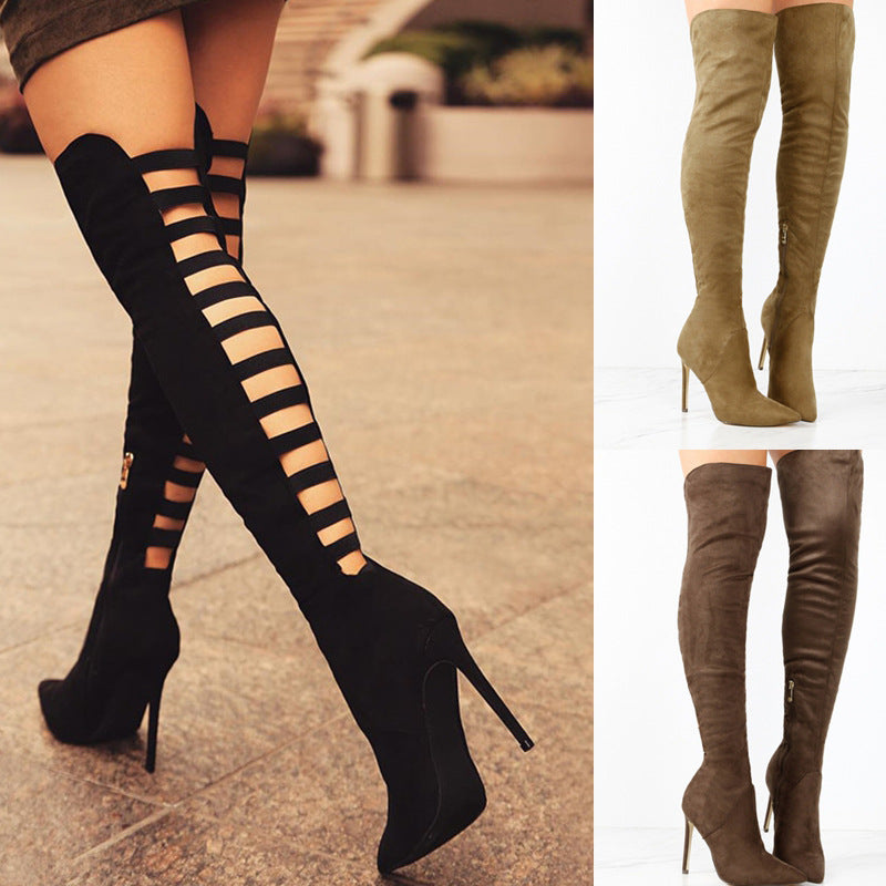 Women's black sexy stiletto heeled elastic over the knee boots for party