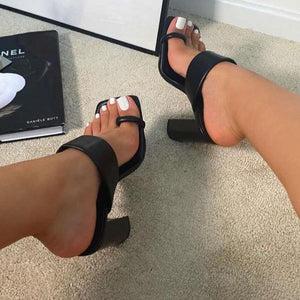 Women square toe ring toe strap slide chunky high heels