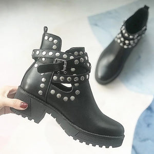 Women's black studded ankle boots chunky platform steampunk booties
