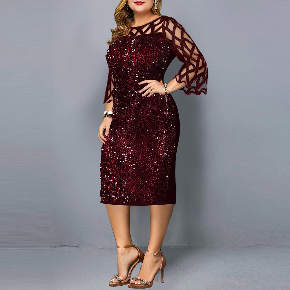 Plus size sequins bodycon midi dress | 3/4 sleeves party banquet formal evening dress