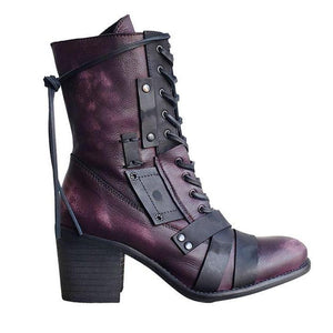 Women's vintage chunky block heel combat boots front lace mid calf boots
