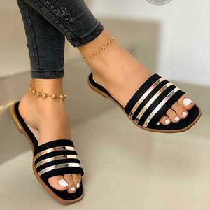 Women fashion sequin peep toe 
flat slide sandals