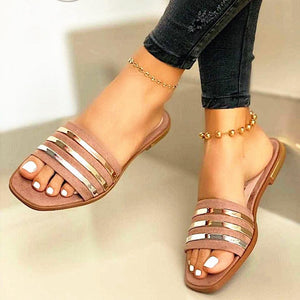 Women fashion sequin peep toe 
flat slide sandals
