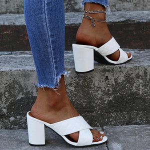 Women peep toe criss cross strap 
slide chunky heels