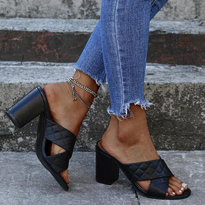 Women peep toe criss cross strap 
slide chunky heels