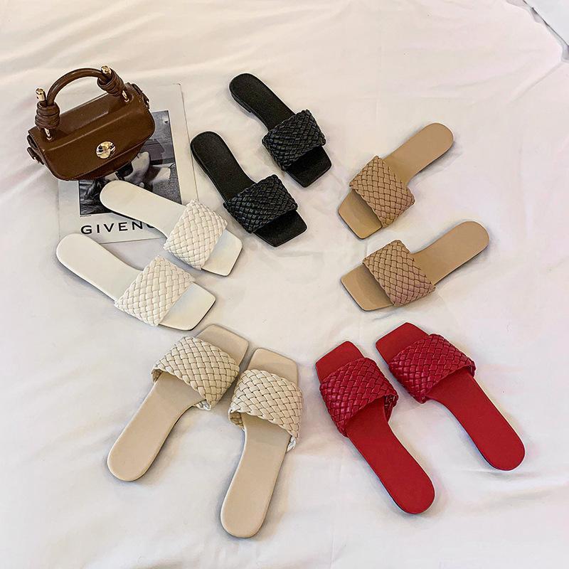 Women square toe woven strap summer beach flat slide sandals