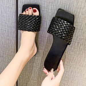 Women square toe woven strap summer beach flat slide sandals