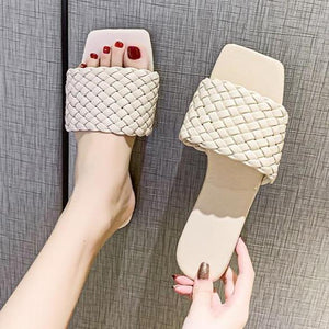 Women square toe woven strap summer beach flat slide sandals