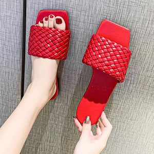 Women square toe woven strap summer beach flat slide sandals