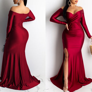 Sexy cold shoulder bodycon long sleeves v neck wrap maxi dress | High split floor-length fall winter party banquet dress