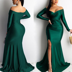 Sexy cold shoulder bodycon long sleeves v neck wrap maxi dress | High split floor-length fall winter party banquet dress