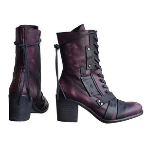 Women's vintage chunky block heel combat boots front lace mid calf boots