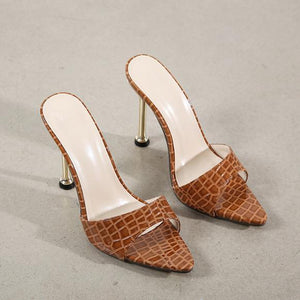 Women pointed peep toe snakeskin summer slide metal stiletto heels
