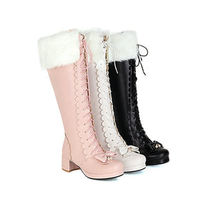 Women chunky heel platform bowknot lace up knee high boots