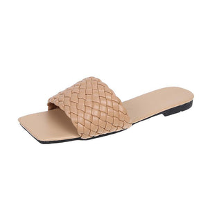 Women square toe woven strap summer beach flat slide sandals