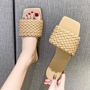 Women square toe woven strap summer beach flat slide sandals