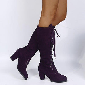 Women criss cross lace up chunky heel knee high boots