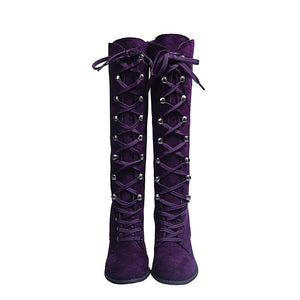 Women criss cross lace up chunky heel knee high boots