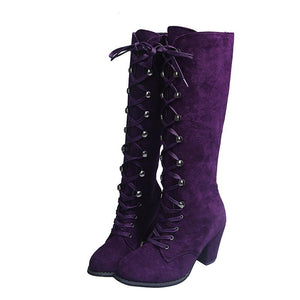 Women criss cross lace up chunky heel knee high boots