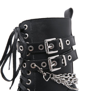 Women chunky platform chain buckle strap motorcycle boots