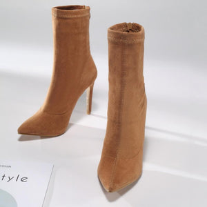 Women sexy faux suede stiletto high heel mid calf boots