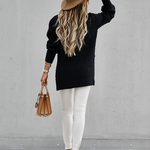 Women knit crew neck slit-hem long sleeve pullover sweater