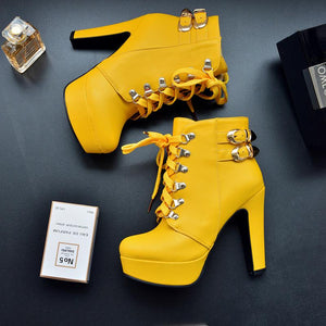 Women ankle buckle strap chunky high heel lace up platform boots