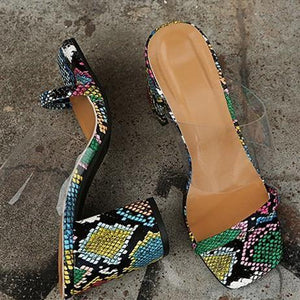 Women square peep toe clear strap slide chunky heel sandals