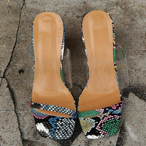 Women square peep toe clear strap slide chunky heel sandals