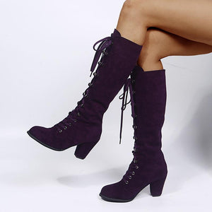 Women criss cross lace up chunky heel knee high boots