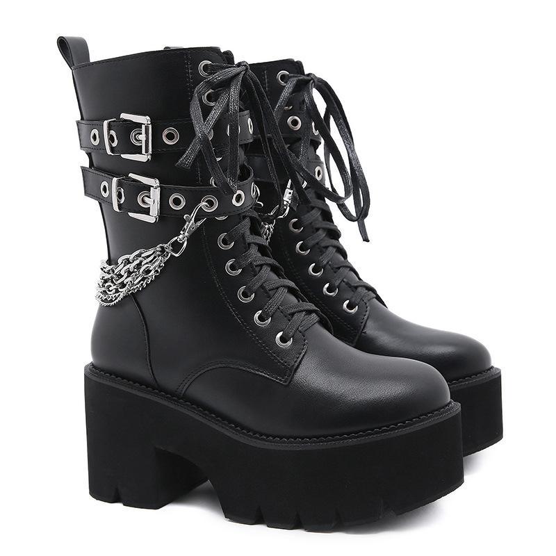 Women chunky platform chain buckle strap motorcycle boots