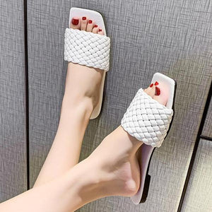 Women square toe woven strap summer beach flat slide sandals