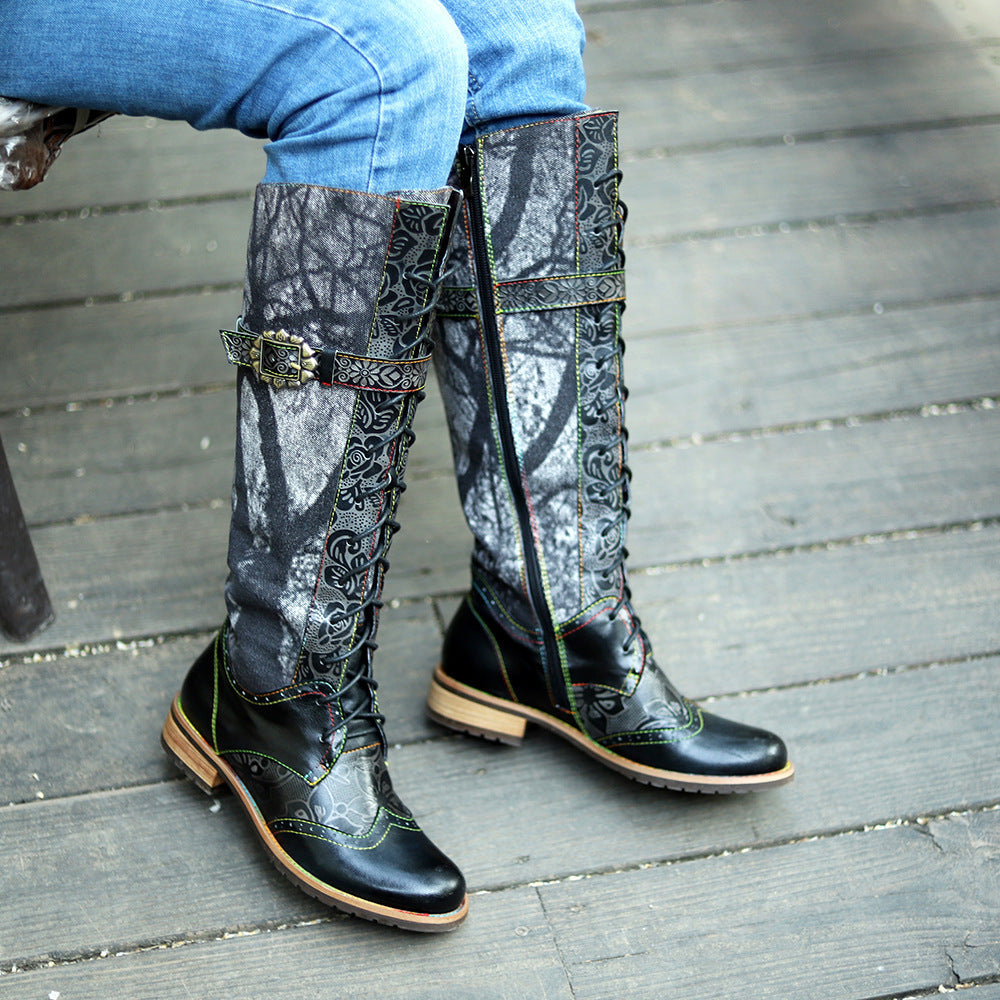 Women black flower embossed flat heel knee high motorcycle boots