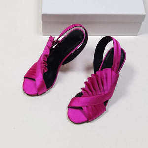 Women silk ruffer strap peep toe stiletto purple heels