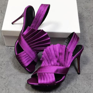 Women silk ruffer strap peep toe stiletto purple heels