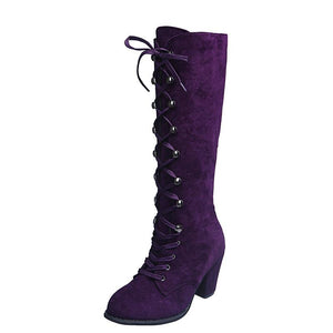 Women criss cross lace up chunky heel knee high boots