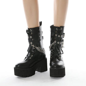 Women chunky platform chain buckle strap motorcycle boots