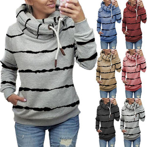 Women stripe printed winter fall drawstring hoodie sweatshirt