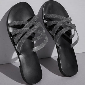 Women rhinestone criss cross 
strap flat slide black sandals
