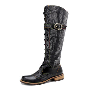 Women black flower embossed flat heel knee high motorcycle boots