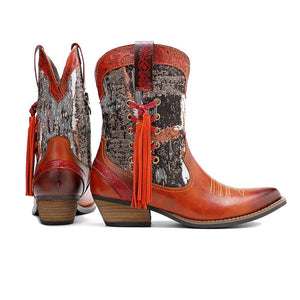 Women embroidered flower fringe short chunky heel cowboy boots